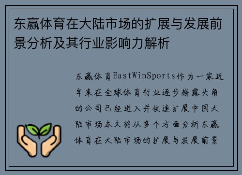 东赢体育在大陆市场的扩展与发展前景分析及其行业影响力解析