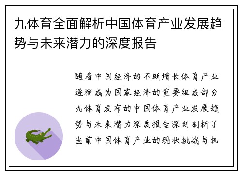 九体育全面解析中国体育产业发展趋势与未来潜力的深度报告